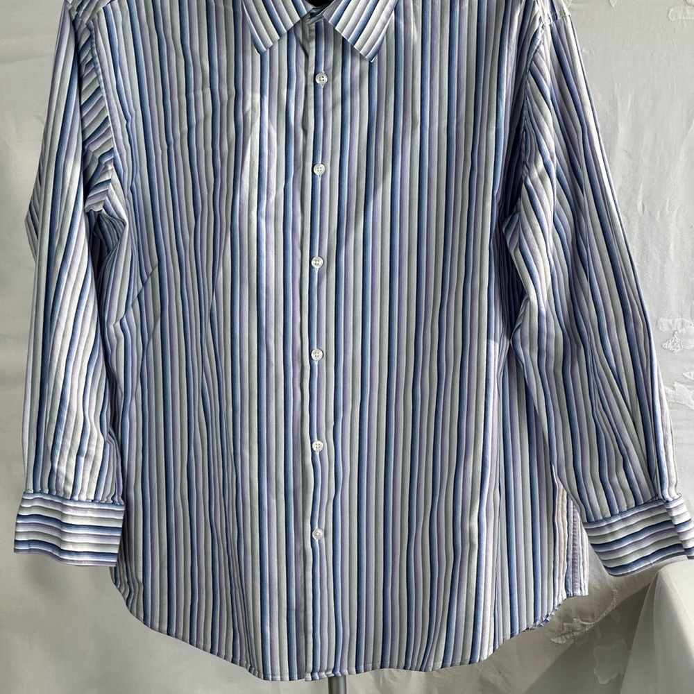Axis Essentials  Men's Blue and White Striped Button Up Dress Shirt SZ 17 1/2
